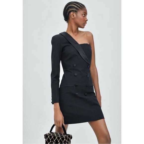 Zara Dresses & Skirts - Zara Black One Shoulder Tuxedo Blazer Style Cocktail Mini Dress sz M
